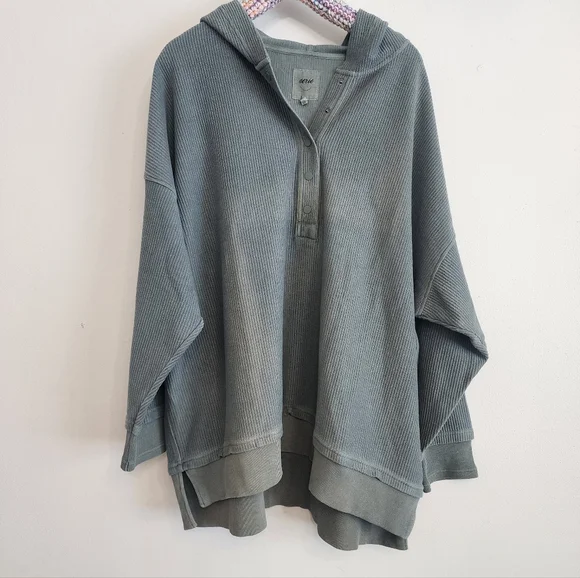 Aerie Oh Snap! Ribbed Henley Hoodie XXL Green Mineral Wash Oversized - Picture 2 of 11